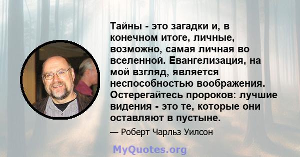 Тайны - это загадки и, в конечном итоге, личные, возможно, самая личная во вселенной. Евангелизация, на мой взгляд, является неспособностью воображения. Остерегайтесь пророков: лучшие видения - это те, которые они