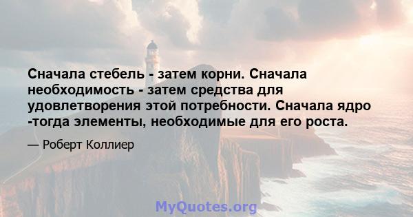 Сначала стебель - затем корни. Сначала необходимость - затем средства для удовлетворения этой потребности. Сначала ядро ​​-тогда элементы, необходимые для его роста.