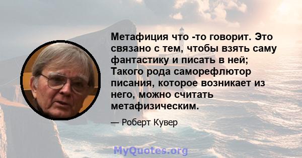 Метафиция что -то говорит. Это связано с тем, чтобы взять саму фантастику и писать в ней; Такого рода саморефлютор писания, которое возникает из него, можно считать метафизическим.