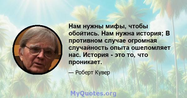 Нам нужны мифы, чтобы обойтись. Нам нужна история; В противном случае огромная случайность опыта ошеломляет нас. История - это то, что проникает.