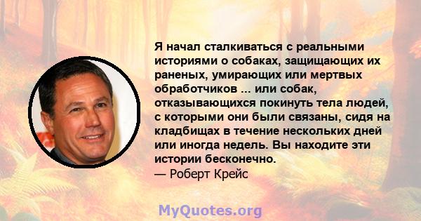 Я начал сталкиваться с реальными историями о собаках, защищающих их раненых, умирающих или мертвых обработчиков ... или собак, отказывающихся покинуть тела людей, с которыми они были связаны, сидя на кладбищах в течение 