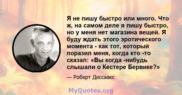 Я не пишу быстро или много. Что ж, на самом деле я пишу быстро, но у меня нет магазина вещей. Я буду ждать этого эротического момента - как тот, который поразил меня, когда кто -то сказал: «Вы когда -нибудь слышали о