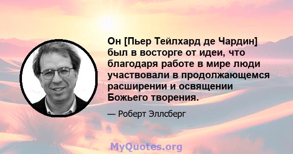 Он [Пьер Тейлхард де Чардин] был в восторге от идеи, что благодаря работе в мире люди участвовали в продолжающемся расширении и освящении Божьего творения.