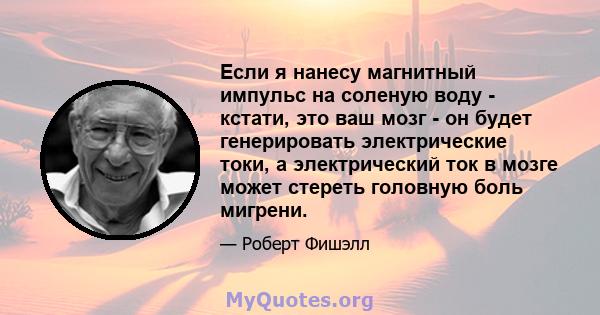 Если я нанесу магнитный импульс на соленую воду - кстати, это ваш мозг - он будет генерировать электрические токи, а электрический ток в мозге может стереть головную боль мигрени.