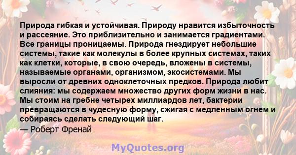 Природа гибкая и устойчивая. Природу нравится избыточность и рассеяние. Это приблизительно и занимается градиентами. Все границы проницаемы. Природа гнездирует небольшие системы, такие как молекулы в более крупных