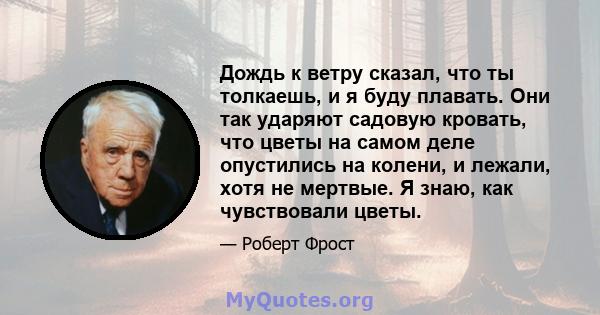 Дождь к ветру сказал, что ты толкаешь, и я буду плавать. Они так ударяют садовую кровать, что цветы на самом деле опустились на колени, и лежали, хотя не мертвые. Я знаю, как чувствовали цветы.