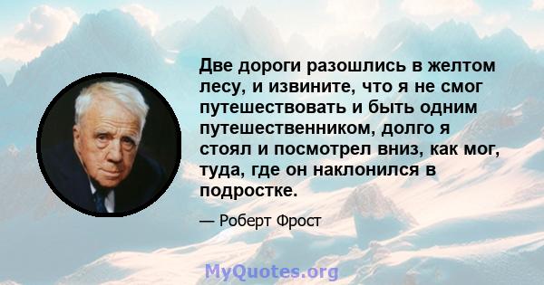 Две дороги разошлись в желтом лесу, и извините, что я не смог путешествовать и быть одним путешественником, долго я стоял и посмотрел вниз, как мог, туда, где он наклонился в подростке.