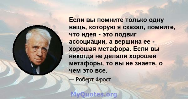 Если вы помните только одну вещь, которую я сказал, помните, что идея - это подвиг ассоциации, а вершина ее - хорошая метафора. Если вы никогда не делали хорошей метафоры, то вы не знаете, о чем это все.