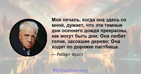 Моя печаль, когда она здесь со мной, думает, что эти темные дни осеннего дождя прекрасны, как могут быть дни; Она любит голое, засохшее дерево; Она ходит по дорожке пастбища.