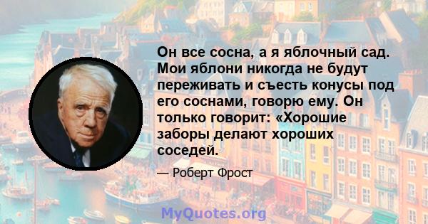 Он все сосна, а я яблочный сад. Мои яблони никогда не будут переживать и съесть конусы под его соснами, говорю ему. Он только говорит: «Хорошие заборы делают хороших соседей.