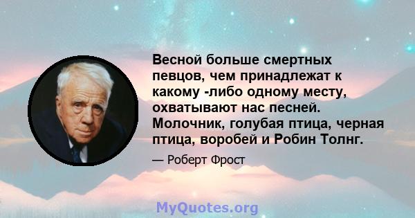 Весной больше смертных певцов, чем принадлежат к какому -либо одному месту, охватывают нас песней. Молочник, голубая птица, черная птица, воробей и Робин Толнг.