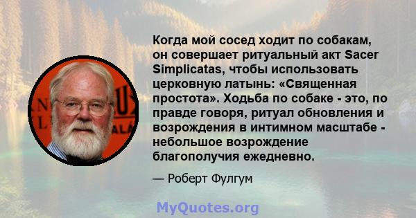 Когда мой сосед ходит по собакам, он совершает ритуальный акт Sacer Simplicatas, чтобы использовать церковную латынь: «Священная простота». Ходьба по собаке - это, по правде говоря, ритуал обновления и возрождения в