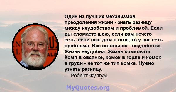 Один из лучших механизмов преодоления жизни - знать разницу между неудобством и проблемой. Если вы сломаете шею, если вам нечего есть, если ваш дом в огне, то у вас есть проблема. Все остальное - неудобство. Жизнь