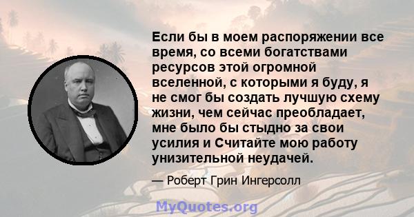 Если бы в моем распоряжении все время, со всеми богатствами ресурсов этой огромной вселенной, с которыми я буду, я не смог бы создать лучшую схему жизни, чем сейчас преобладает, мне было бы стыдно за свои усилия и