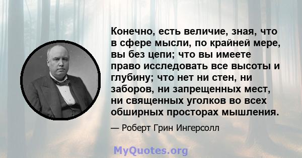 Конечно, есть величие, зная, что в сфере мысли, по крайней мере, вы без цепи; что вы имеете право исследовать все высоты и глубину; что нет ни стен, ни заборов, ни запрещенных мест, ни священных уголков во всех обширных 