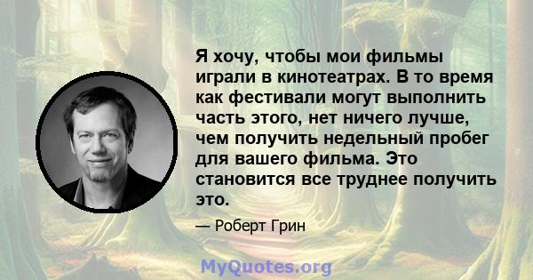 Я хочу, чтобы мои фильмы играли в кинотеатрах. В то время как фестивали могут выполнить часть этого, нет ничего лучше, чем получить недельный пробег для вашего фильма. Это становится все труднее получить это.