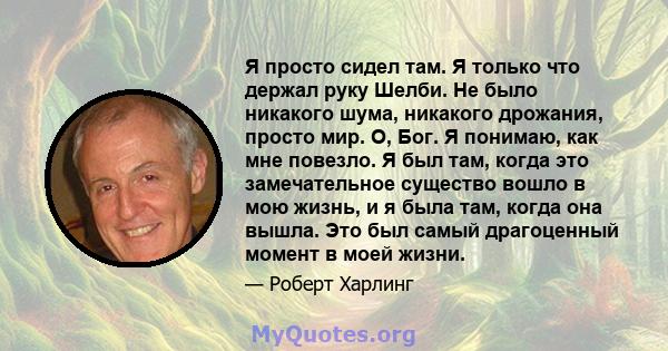 Я просто сидел там. Я только что держал руку Шелби. Не было никакого шума, никакого дрожания, просто мир. О, Бог. Я понимаю, как мне повезло. Я был там, когда это замечательное существо вошло в мою жизнь, и я была там,