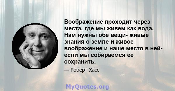 Воображение проходит через места, где мы живем как вода. Нам нужны обе вещи- живые знания о земле и живое воображение и наше место в ней- если мы собираемся ее сохранить.