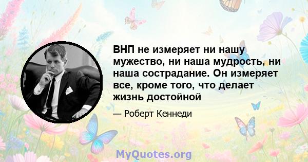 ВНП не измеряет ни нашу мужество, ни наша мудрость, ни наша сострадание. Он измеряет все, кроме того, что делает жизнь достойной