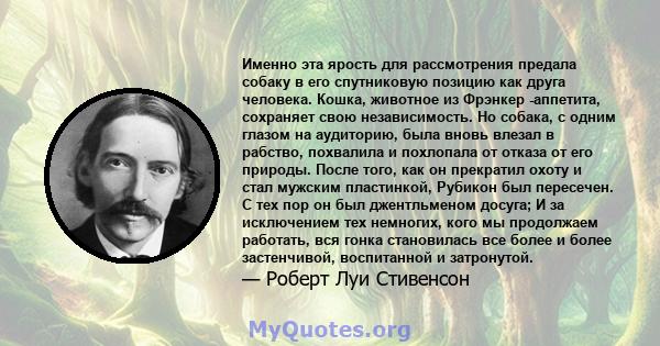 Именно эта ярость для рассмотрения предала собаку в его спутниковую позицию как друга человека. Кошка, животное из Фрэнкер -аппетита, сохраняет свою независимость. Но собака, с одним глазом на аудиторию, была вновь