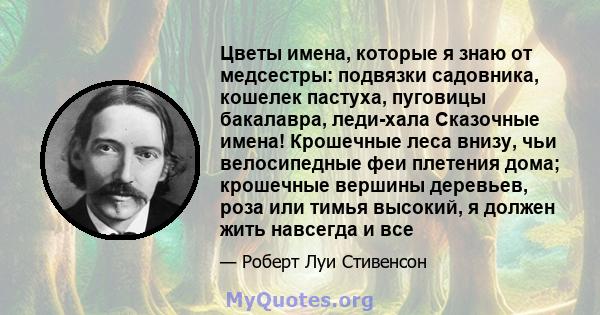 Цветы имена, которые я знаю от медсестры: подвязки садовника, кошелек пастуха, пуговицы бакалавра, леди-хала Сказочные имена! Крошечные леса внизу, чьи велосипедные феи плетения дома; крошечные вершины деревьев, роза