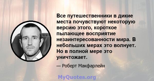 Все путешественники в дикие места почувствуют некоторую версию этого, короткое пылающее восприятие незаинтересованности мира. В небольших мерах это волнует. Но в полной мере это уничтожает.