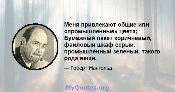 Меня привлекают общие или «промышленные» цвета; Бумажный пакет коричневый, файловый шкаф серый, промышленный зеленый, такого рода вещи.