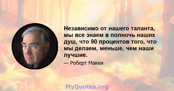 Независимо от нашего таланта, мы все знаем в полночь наших душ, что 90 процентов того, что мы делаем, меньше, чем наши лучшие.