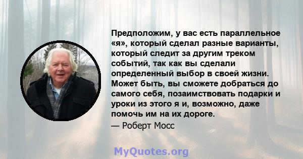 Предположим, у вас есть параллельное «я», который сделал разные варианты, который следит за другим треком событий, так как вы сделали определенный выбор в своей жизни. Может быть, вы сможете добраться до самого себя,