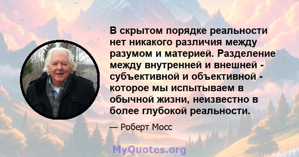 В скрытом порядке реальности нет никакого различия между разумом и материей. Разделение между внутренней и внешней - субъективной и объективной - которое мы испытываем в обычной жизни, неизвестно в более глубокой