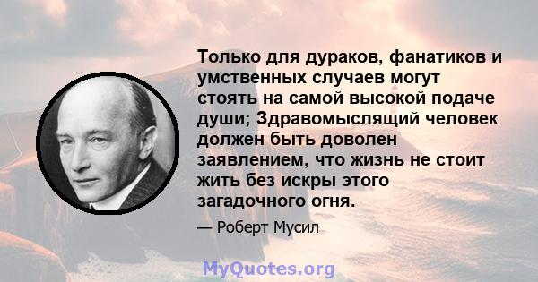 Только для дураков, фанатиков и умственных случаев могут стоять на самой высокой подаче души; Здравомыслящий человек должен быть доволен заявлением, что жизнь не стоит жить без искры этого загадочного огня.