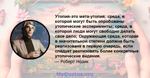 Утопия-это мета-утопия: среда, в которой могут быть опробованы утопические эксперименты; среда, в которой люди могут свободно делать свое дело; Окружающая среда, которая в значительной степени должна быть реализована в