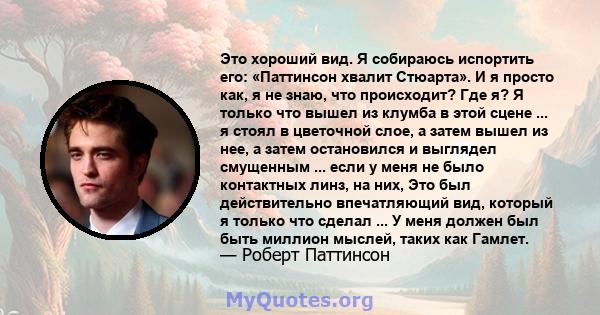 Это хороший вид. Я собираюсь испортить его: «Паттинсон хвалит Стюарта». И я просто как, я не знаю, что происходит? Где я? Я только что вышел из клумба в этой сцене ... я стоял в цветочной слое, а затем вышел из нее, а