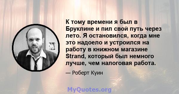 К тому времени я был в Бруклине и пил свой путь через лето. Я остановился, когда мне это надоело и устроился на работу в книжном магазине Strand, который был немного лучше, чем налоговая работа.