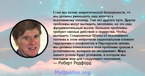 Если мы хотим энергетической безопасности, то мы должны уменьшить наш аппетит к ископаемому топливу. Там нет другого пути. Другие проблемы могут вытащить заголовки, но это наш фундаментальный вызов. Большие проблемы