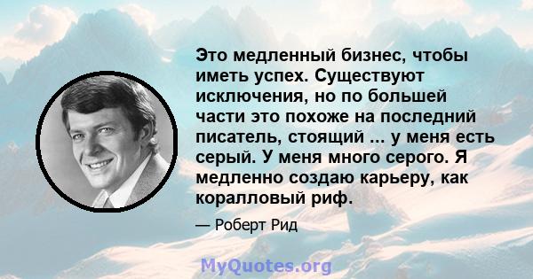 Это медленный бизнес, чтобы иметь успех. Существуют исключения, но по большей части это похоже на последний писатель, стоящий ... у меня есть серый. У меня много серого. Я медленно создаю карьеру, как коралловый риф.