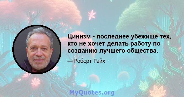 Цинизм - последнее убежище тех, кто не хочет делать работу по созданию лучшего общества.