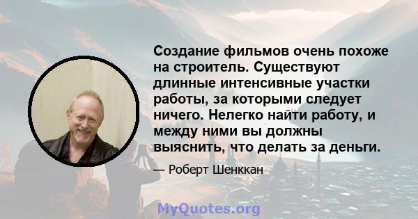 Создание фильмов очень похоже на строитель. Существуют длинные интенсивные участки работы, за которыми следует ничего. Нелегко найти работу, и между ними вы должны выяснить, что делать за деньги.