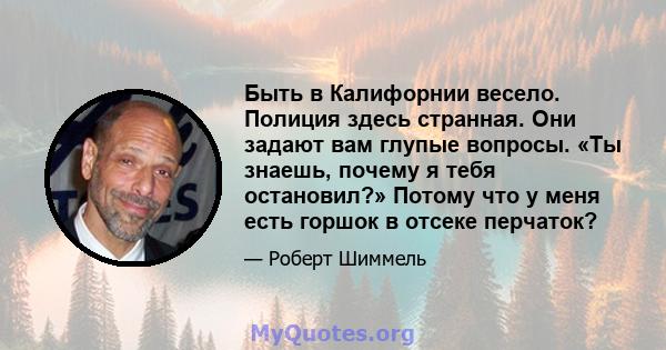 Быть в Калифорнии весело. Полиция здесь странная. Они задают вам глупые вопросы. «Ты знаешь, почему я тебя остановил?» Потому что у меня есть горшок в отсеке перчаток?