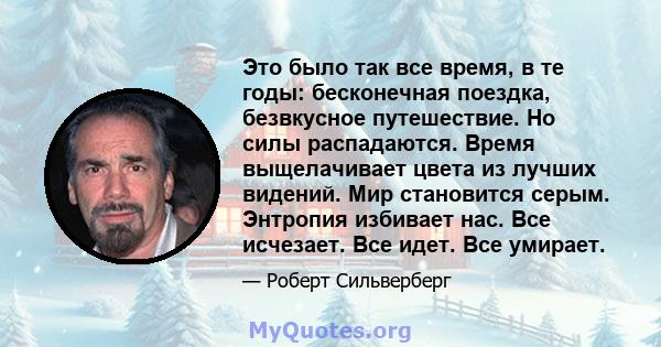 Это было так все время, в те годы: бесконечная поездка, безвкусное путешествие. Но силы распадаются. Время выщелачивает цвета из лучших видений. Мир становится серым. Энтропия избивает нас. Все исчезает. Все идет. Все