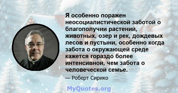 Я особенно поражен неосоциалистической заботой о благополучии растений, животных, озер и рек, дождевых лесов и пустыни, особенно когда забота о окружающей среде кажется гораздо более интенсивной, чем забота о