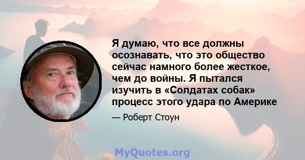 Я думаю, что все должны осознавать, что это общество сейчас намного более жесткое, чем до войны. Я пытался изучить в «Солдатах собак» процесс этого удара по Америке