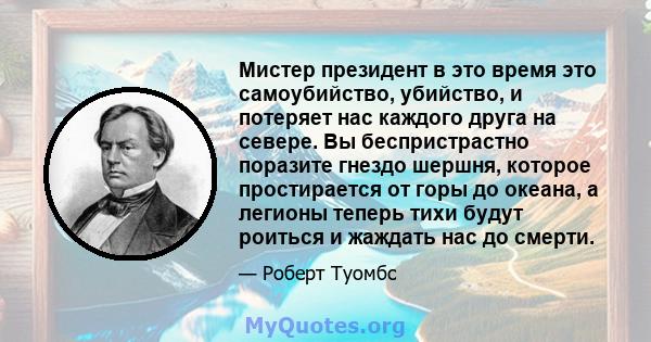 Мистер президент в это время это самоубийство, убийство, и потеряет нас каждого друга на севере. Вы беспристрастно поразите гнездо шершня, которое простирается от горы до океана, а легионы теперь тихи будут роиться и