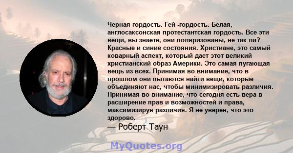 Черная гордость. Гей -гордость. Белая, англосаксонская протестантская гордость. Все эти вещи, вы знаете, они поляризованы, не так ли? Красные и синие состояния. Христиане, это самый коварный аспект, который дает этот