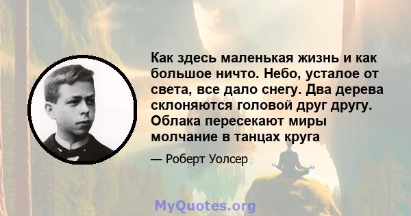 Как здесь маленькая жизнь и как большое ничто. Небо, усталое от света, все дало снегу. Два дерева склоняются головой друг другу. Облака пересекают миры молчание в танцах круга