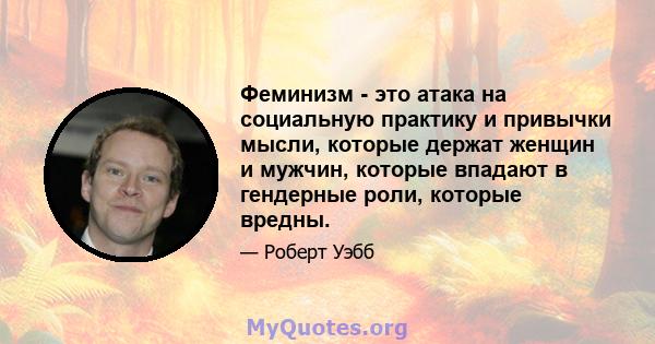 Феминизм - это атака на социальную практику и привычки мысли, которые держат женщин и мужчин, которые впадают в гендерные роли, которые вредны.