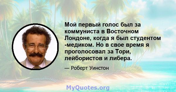 Мой первый голос был за коммуниста в Восточном Лондоне, когда я был студентом -медиком. Но в свое время я проголосовал за Тори, лейбористов и либера.