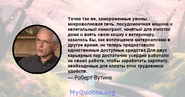 Точно так же, замороженные ужины, микроволновая печь, посудомоечная машина и нелегальный иммигрант, нанятый для очистки дома и взять свою кошку к ветеринару, казалось бы, как воплощение материализма в другое время, но