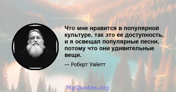 Что мне нравится в популярной культуре, так это ее доступность, и я освещал популярные песни, потому что они удивительные вещи.