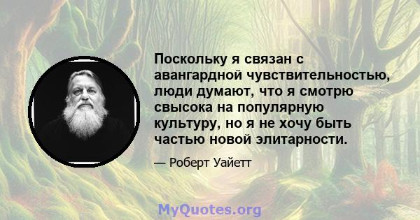 Поскольку я связан с авангардной чувствительностью, люди думают, что я смотрю свысока на популярную культуру, но я не хочу быть частью новой элитарности.